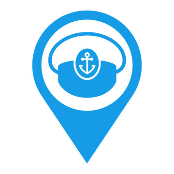 recommend clip art: Icono plano con silueta de sombrero de capitán de barco en puntero de posición color azul