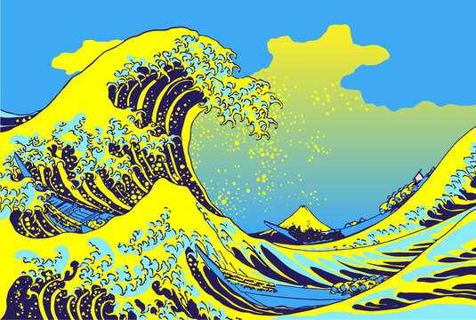 The Great Wave off Kanagava by Hokusai Katsushika. Vector EPS10 format. Fuji Mount. Print.	