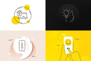 Minimal set of Work home, Support and Idea line icons. Phone screen, Quote banners. Bitcoin icons. For web development. Outsource work, Phone info, Professional job. Cryptocurrency laptop. Vector