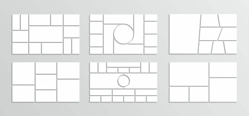 Moodboard template. Photo collage layout. Mood board grid. Mosaic pictures frame. Retro gallery banner. Album brandboard. Set portfolio images isolated on gray background. Vector illustration
