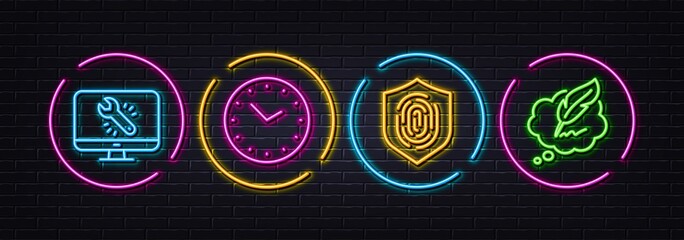 Monitor repair, Time and Fingerprint minimal line icons. Neon laser 3d lights. Copyright chat icons. For web, application, printing. Computer service, Clock, Biometric scan. Speech bubble. Vector