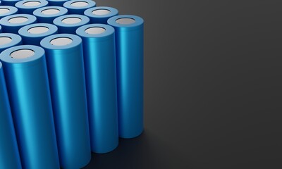 Packaging of 18650 lithium-ion batteries with a blue case with copy space, the concept of switching to electric cars to reduce harmful emissions, 3d rendering