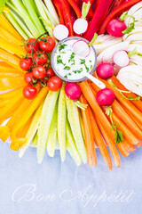 Vegetables in plate with deep healthy snack , rainbow colors of different vegetables background copy space.