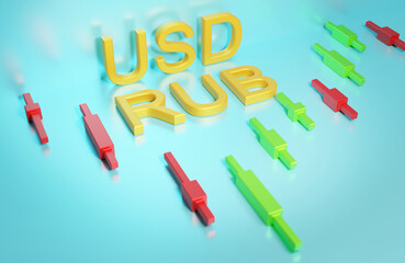 The us dollar ruble currency pair on the forex market on cyan, a chart of Japanese candlesticks, trading USD  RUB  during volatility, 3d rendering