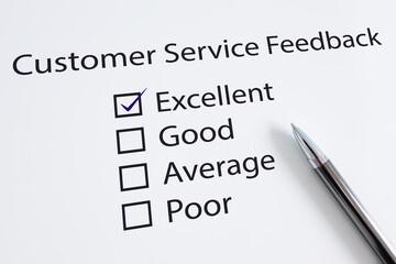 Close up of Customer Service Feedback form. Tick placed in excellent check-box.