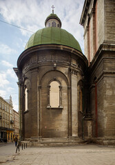 LVIV, UKRAINE- MARCH 11, 2022: War in Ukraine Military Rear, in Lviv close cultural monuments from bombings