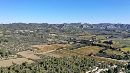 Fototapeta na wymiar survol des champs d'oliviers dans le massif des Alpilles en Provence dans le sud de la France