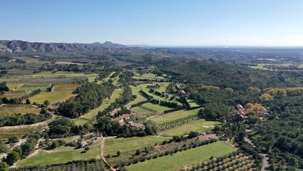 Fototapeta na wymiar survol des champs d'oliviers dans le massif des Alpilles en Provence dans le sud de la France