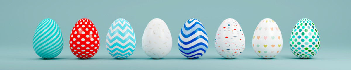 Set of realistic eggs on green background. 3D rendering illustration.