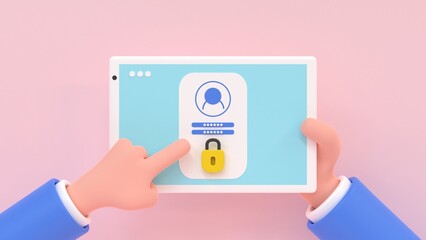 Cartoon human hand holding digital tablet with login application. 3d render illustration.