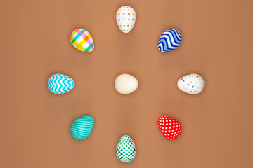 Colored Easter eggs surrounding white egg on green background. 3d illustration