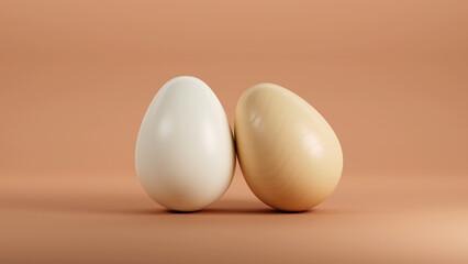 Chicken white and brown eggs isolated on orange background. 3d illustration