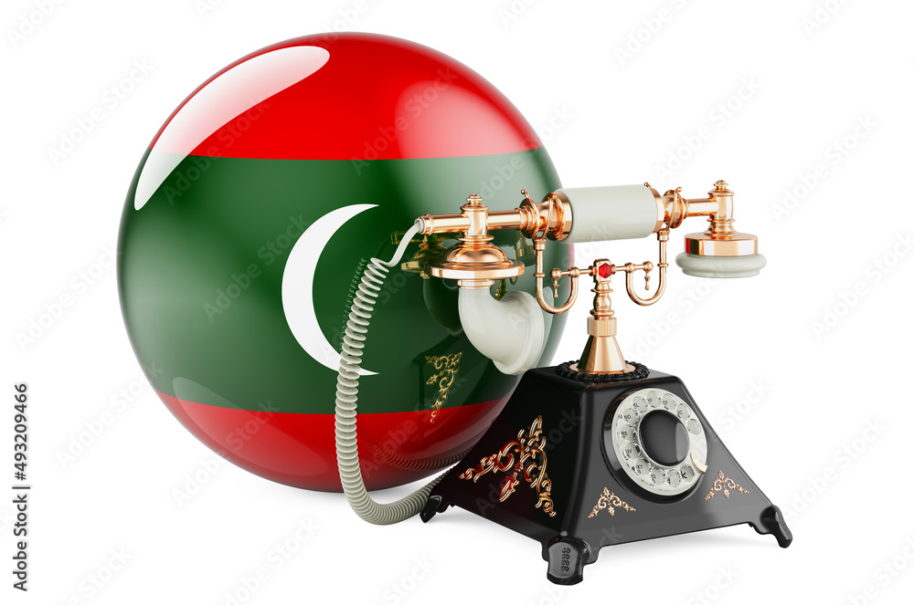 Poster phone with maldivian flag. communication services in maldives, concept. 3d rendering