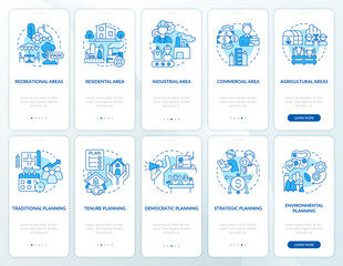 Sustainable land management blue onboarding mobile app screen set. Walkthrough 5 steps graphic instructions pages with linear concepts. UI, UX, GUI template. Myriad Pro-Bold, Regular fonts used