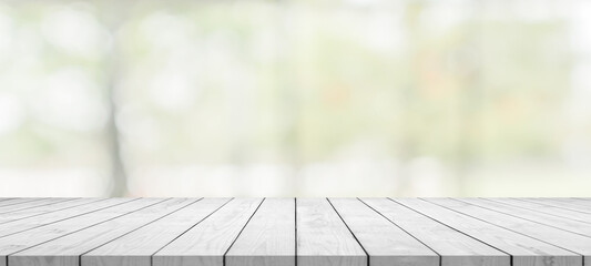 Empty white wood table top with blur kitchen bokeh background