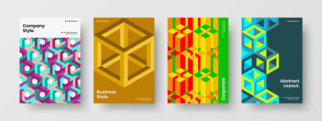 Fresh magazine cover vector design illustration composition. Multicolored geometric pattern banner template set.