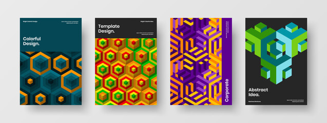 Amazing magazine cover vector design concept composition. Creative geometric hexagons placard layout collection.