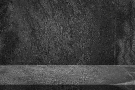 Empty Black Marble Table Top With Black Stone Wall Texture Background