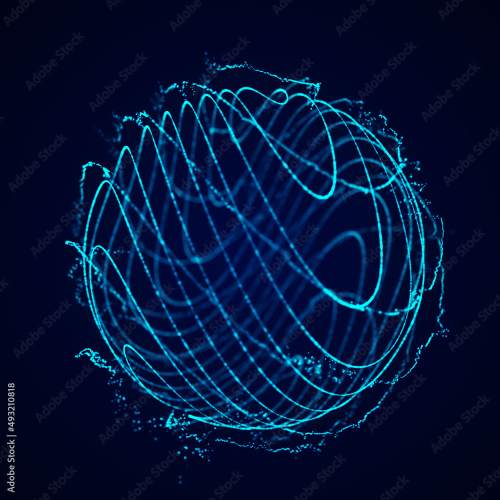 Poster sphere with curved lines of particles on a blue background. twisting glowing lines. global network c