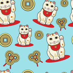 招き猫 maneki-neko seamless pattern. Yansheng feng shui Chinese numismatic charm. Lucky cat with raised paw. Сhina souvenir vector art
