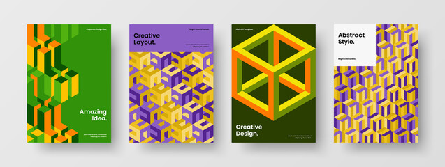 Bright company brochure vector design template set. Modern geometric shapes front page layout composition.