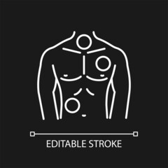 Metastases white linear icon for dark theme. Thorax, lungs tumor. Spreading of cancer. Pathogenic cells growth. Thin line illustration. Isolated symbol for night mode. Editable stroke. Arial font used