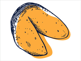 Vector hand drawn chinese fortune cookies isolated on white backgrounds. Food illustration. Crisp cookie with a blank piece of paper inside. For print, web, design, decor, logo.