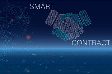 Smart Contract, DAO, Decentralized Autonomous Organization futuristic design. Handshake, blockchain and metaverse, business language concept.