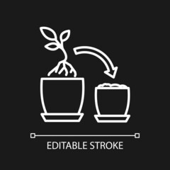 Plant repotting white linear icon for dark theme. Replant in bigger pot. Seasonal transplantation. Thin line illustration. Isolated symbol for night mode. Editable stroke. Arial font used