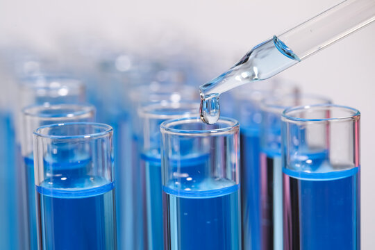 Dripping reagent into test tube with blue liquid on light background, closeup. Laboratory analysis