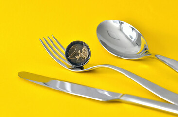 dinner cutlery with euro money coin