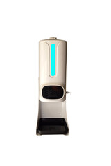Automatic alcohol dispenser spraying with automatic body thermometer isolated on white background,...