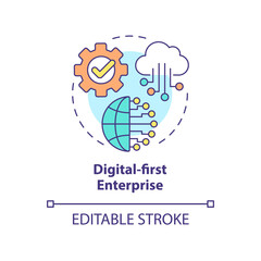 Digital-first enterprise concept icon. Corporate technology. Trends in business abstract idea thin line illustration. Isolated outline drawing. Editable stroke. Arial, Myriad Pro-Bold fonts used