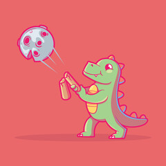 Funny Dino character hitting an asteroid vector illustration. Extinction, nature, funny design concept.
