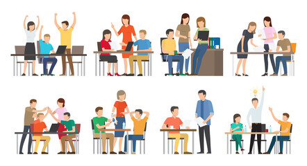 Team and successful teamwork, meetings discussion of business ideas, plans people looking at laptops thinking well isolated on vector illustration