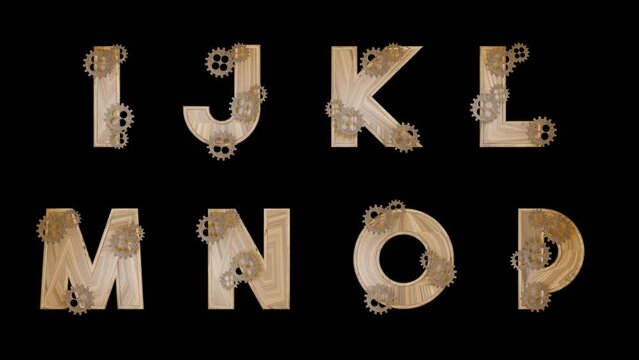Set of steampunk letters with spinning gear wheels. Charachters made of wood. 3D render animation