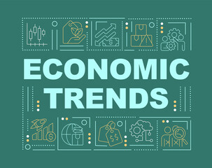 Trends in economy word concepts green banner. Tendencies in business. Infographics with icons on color background. Isolated typography. Vector illustration with text. Arial-Black font used