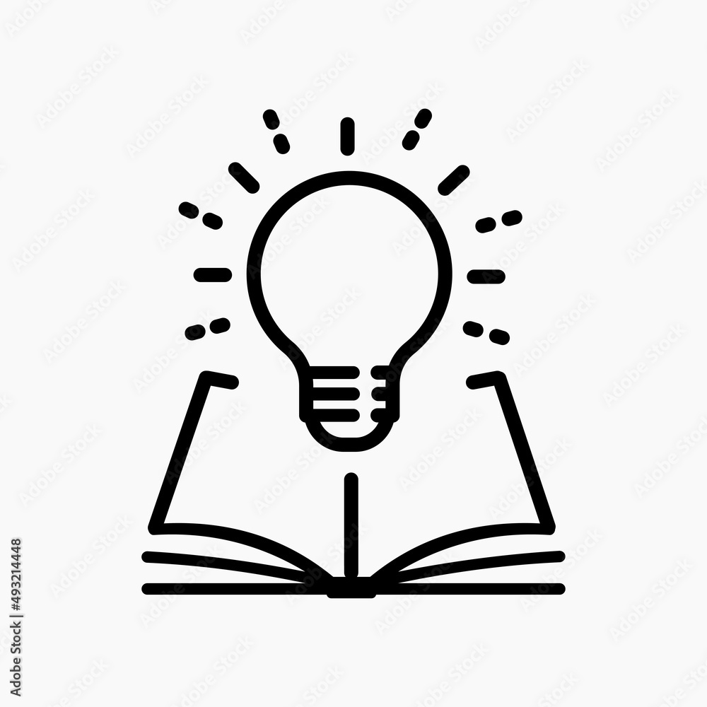 Poster open book with lightbulb icon on white background. concept new knowledge. flat style. open book and 