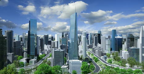 Virtual design green cityscape skyline with curvy highway road