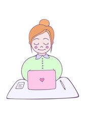 Young woman is working on laptop. Young girl businesswoman. Pastel colors, vector, cartoon drawing. Flat vector illustration isolated on white background. Zina