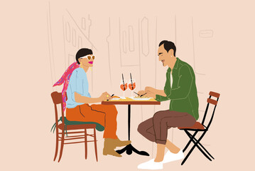 Young stylish couple having lunch while sitting together at restaurant terrace on the city street. Concept of leisure time, travel and lifestyle. Vector illustration - 493214695