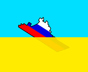 Sinking Russian ship on the background of the flag of Ukraine. Illustration