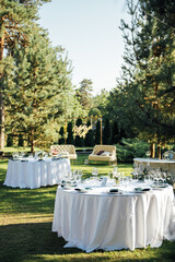 Preparing for an open-air party. Decorated served tables await guests. Decoration Details
