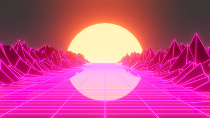 Retro neon sunset. Vaporwave vintage 3D neon landscape.3d illustration