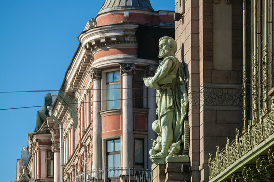 Sculptures on the facade of the Akimov Theater in the city of St. Petersburg