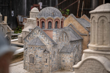 Scale model (maquette) of the old city buildings and landmarks with alot details.Reconstruction of retro and vintage architecture, churches and monasteries. Work in progress. Miniature model.