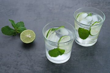 Detox water infused with lime and mint for health. Space for text. 
