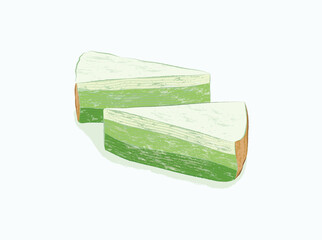 Realistic bright sliced triangular matcha layered cake in vector illustration art design