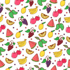 seamless pattern with fruit icon on polka dots background. grape, banana, apple, mango, lemon, and watermelon fruits illustration. hand drawn vector. wallpaper, wrapping paper and git, textile, fabric