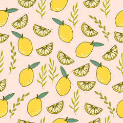 whole and slice lemon with leaf illustration on pink background. hand drawn vector. pastel color. seamless pattern with lemon fruit. doodle art for wallpaper, wrapping paper and gift, fabric, textile.
